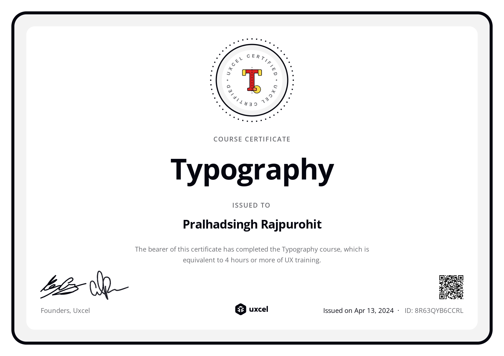 Pralhadsingh Rajpurohit's certificate